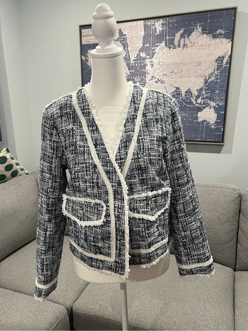 Aqua Navy and White Tweed Fringe Blazer
